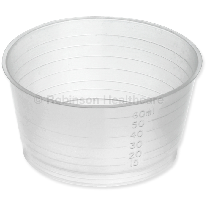 Instrapac Gallipot 60ml, clear plastic container with white lid, used for medical or cosmetic purposes.