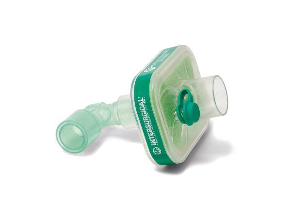 Intersurgical Filta-Therm HMEF with luer port and fixed elbow, box of 50, showing medical respiratory filter device with connectors.