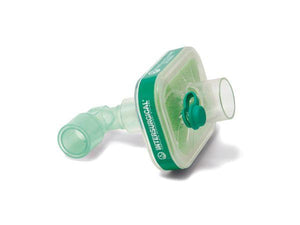 Intersurgical Filta-Therm HMEF with luer port and fixed elbow, box of 50, showing medical respiratory filter device with connectors.