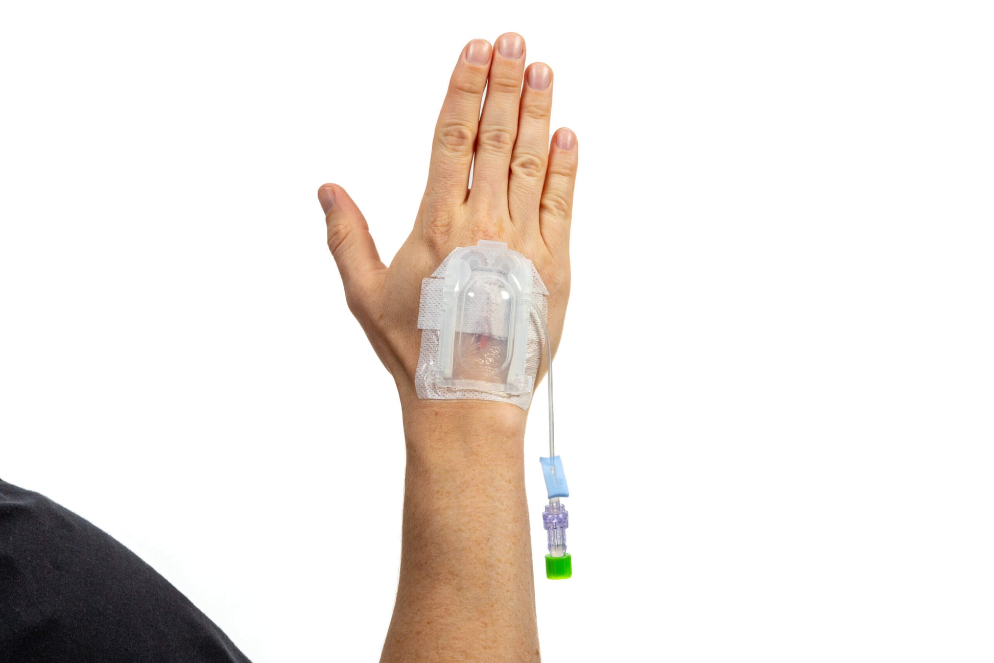 IV Glove 3.0 strapless IV securement gloves, pack of 25, shown in contact with a patient's arm for secure IV placement.