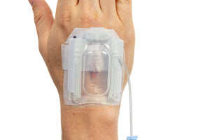 IV Glove EasyStick IV securement device on hand, strapless stability for IV catheter fixation, pack of 25.
