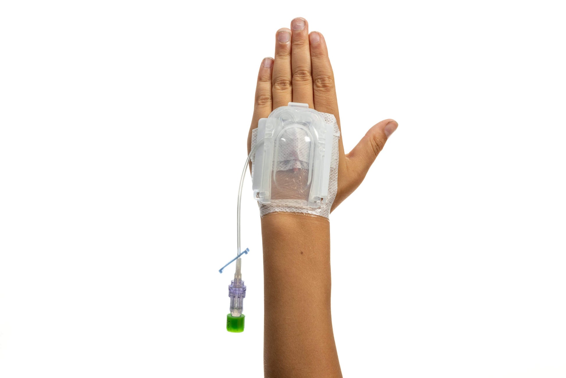 Open and closed pediatric IV Glove EasyStick IV securement device by IV Glove, designed for strapless IV stability.
