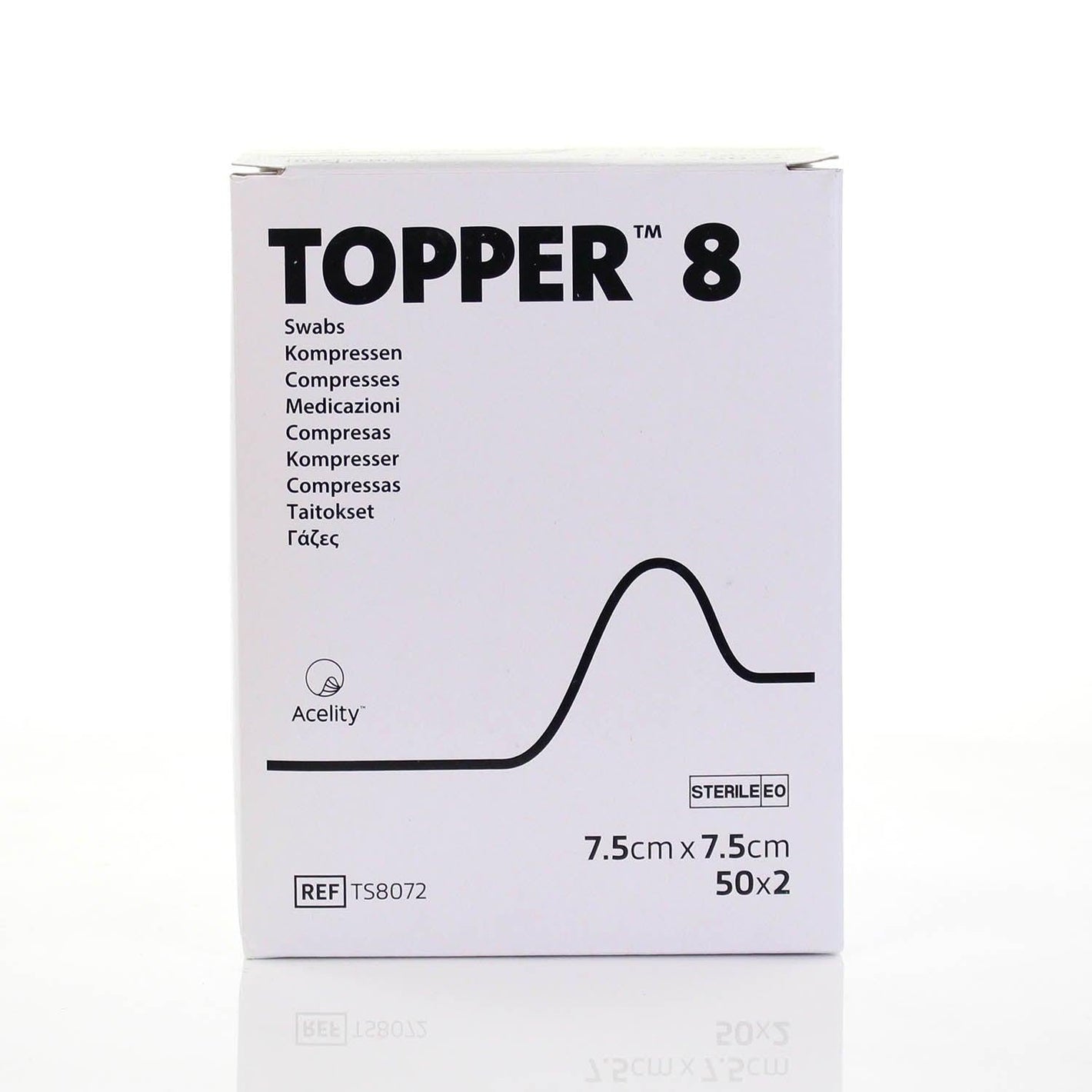 Sterile Johnson & Johnson Topper 8 gauze swabs, 7.5 x 7.5cm, 2-ply, pack of 50, used for wound care and medical dressing.