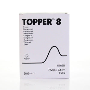 Sterile Johnson & Johnson Topper 8 gauze swabs, 7.5 x 7.5cm, 2-ply, pack of 50, used for wound care and medical dressing.