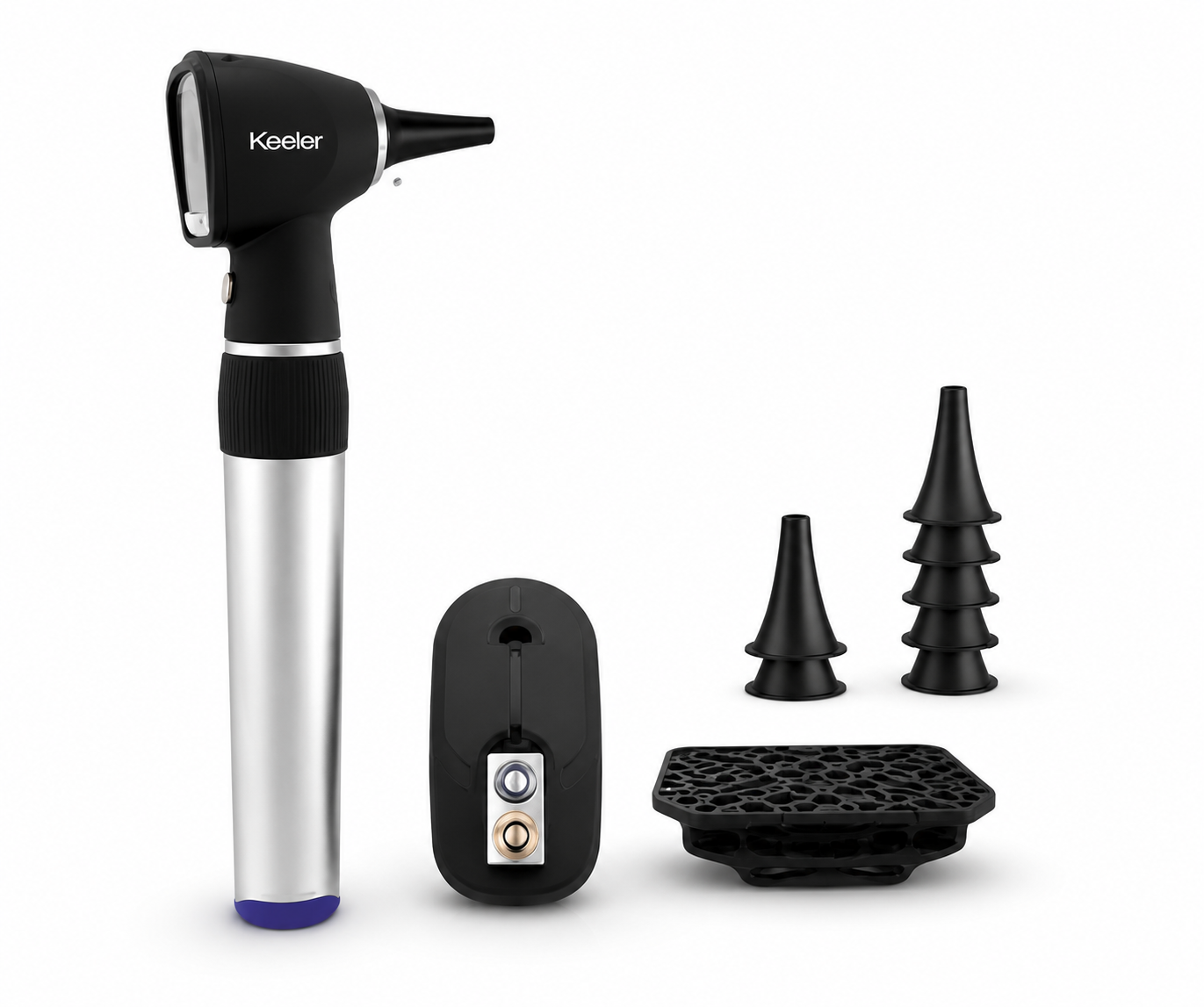 Keeler fibre optic otoscope with standard battery, handheld medical instrument for ear examinations with a sleek design.