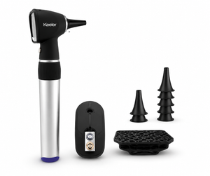 Keeler fibre optic otoscope with standard battery, handheld medical instrument for ear examinations with a sleek design.