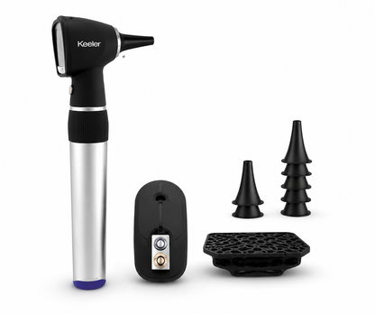 Keeler fibre optic otoscope with standard battery, handheld medical instrument for ear examinations with a sleek design.
