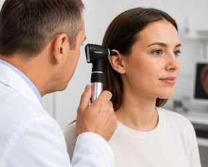 Keeler Fibre Optic Otoscope with standard battery, featuring a sleek handle and viewing lens for ear examinations.