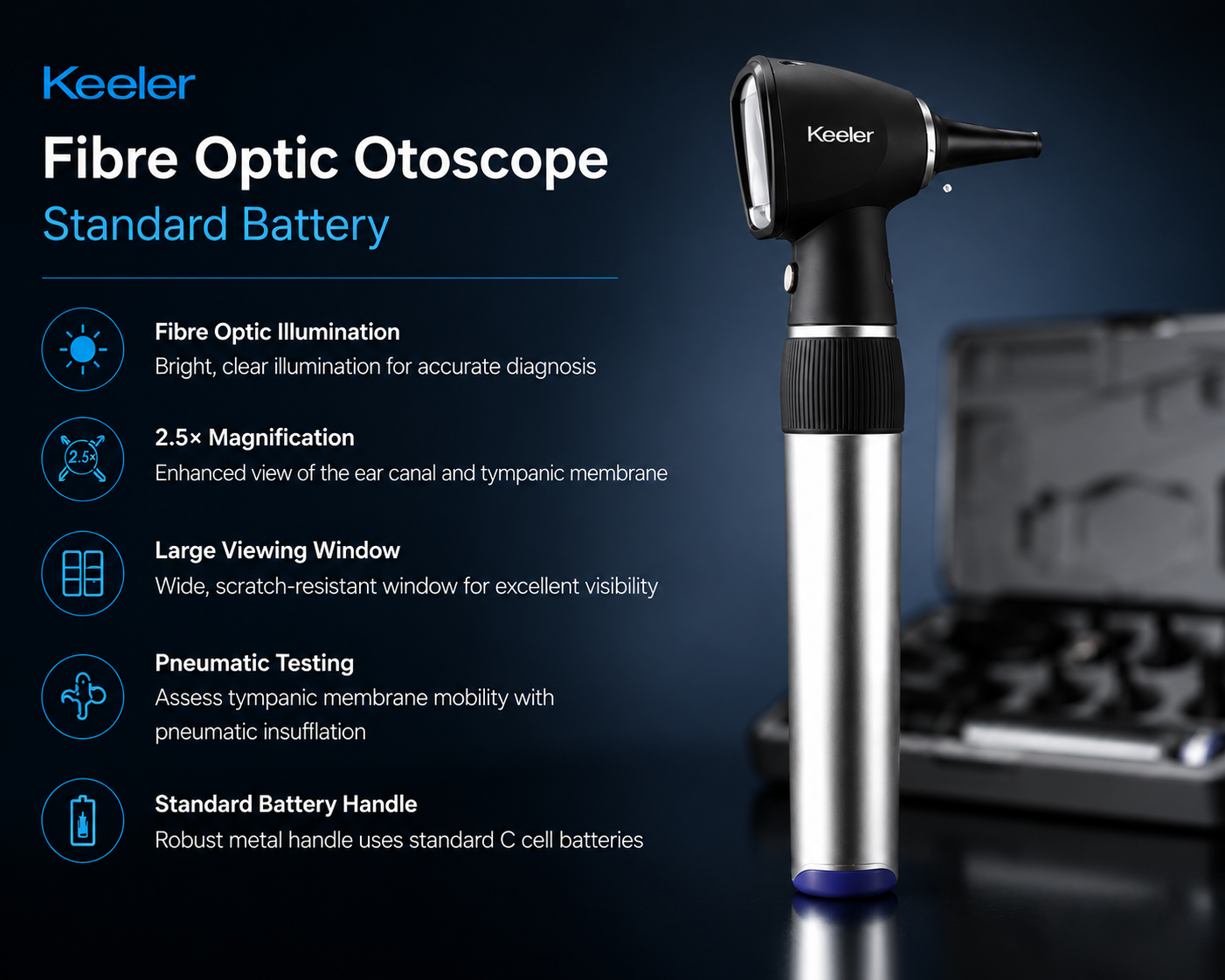 Keeler Fibre Optic Otoscope with standard battery showing a close-up of the handheld device and its light and viewing lens.
