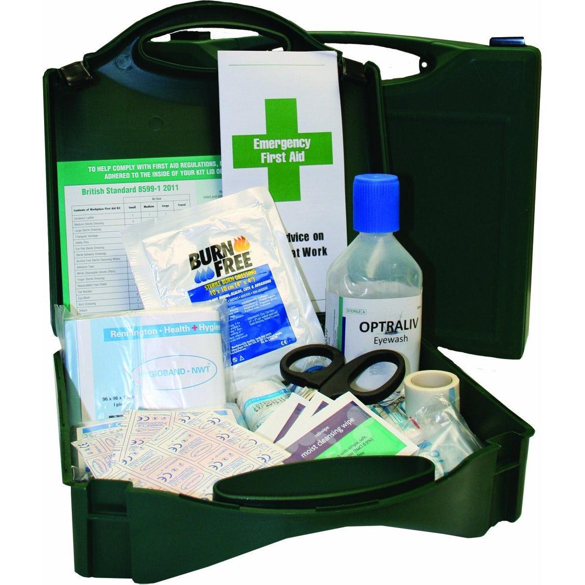 Koolpak British Standard BSI Workplace First Aid Kit for travel, with first aid supplies in a compact plastic case.