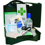 Koolpak British Standard BSI Workplace First Aid Kit for travel, with first aid supplies in a compact plastic case.