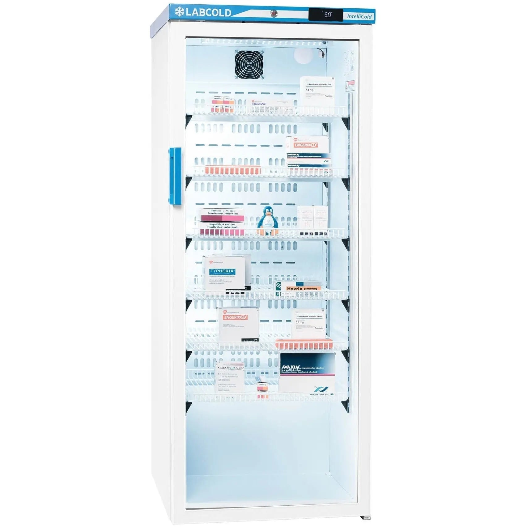 Labcold DigiLock glass door pharmacy refrigerator with 340-liter capacity, free-standing design, and digital lock for vaccine storage.