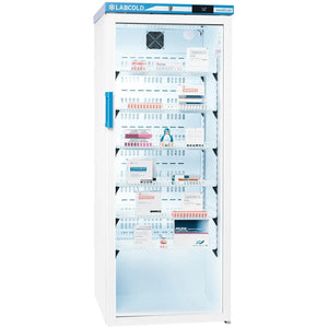 Labcold DigiLock glass door pharmacy refrigerator with 340-liter capacity, free-standing design, and digital lock for vaccine storage.