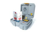Automated external defibrillator AED device in open protective case with instruction pads visible