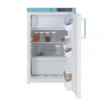 Lec 138L freestanding fridge freezer with white exterior and compact design, featuring adjustable shelves and freezer compartment.