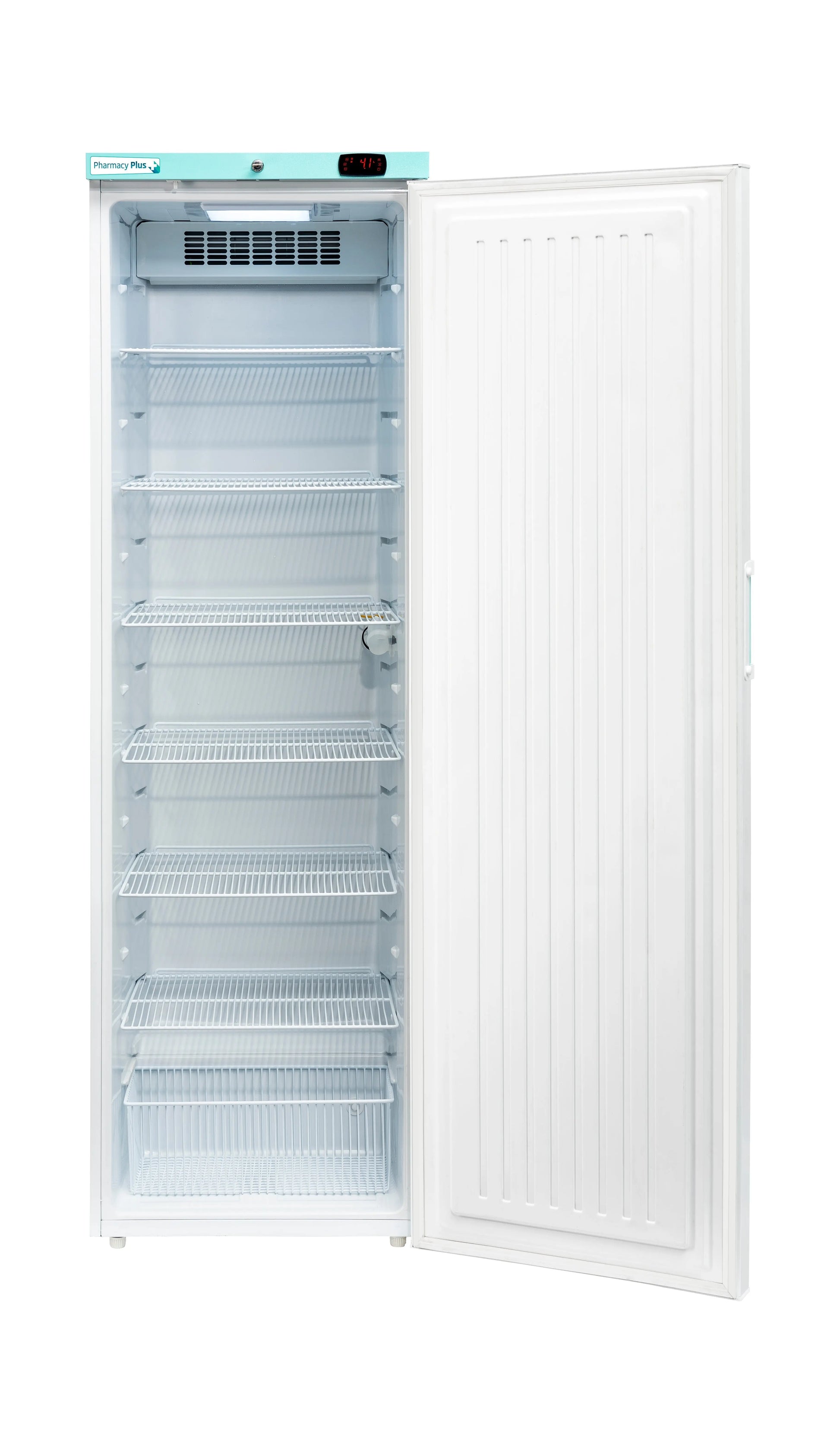 400L pharmacy refrigerator with solid door, digital display, and adjustable wire shelves