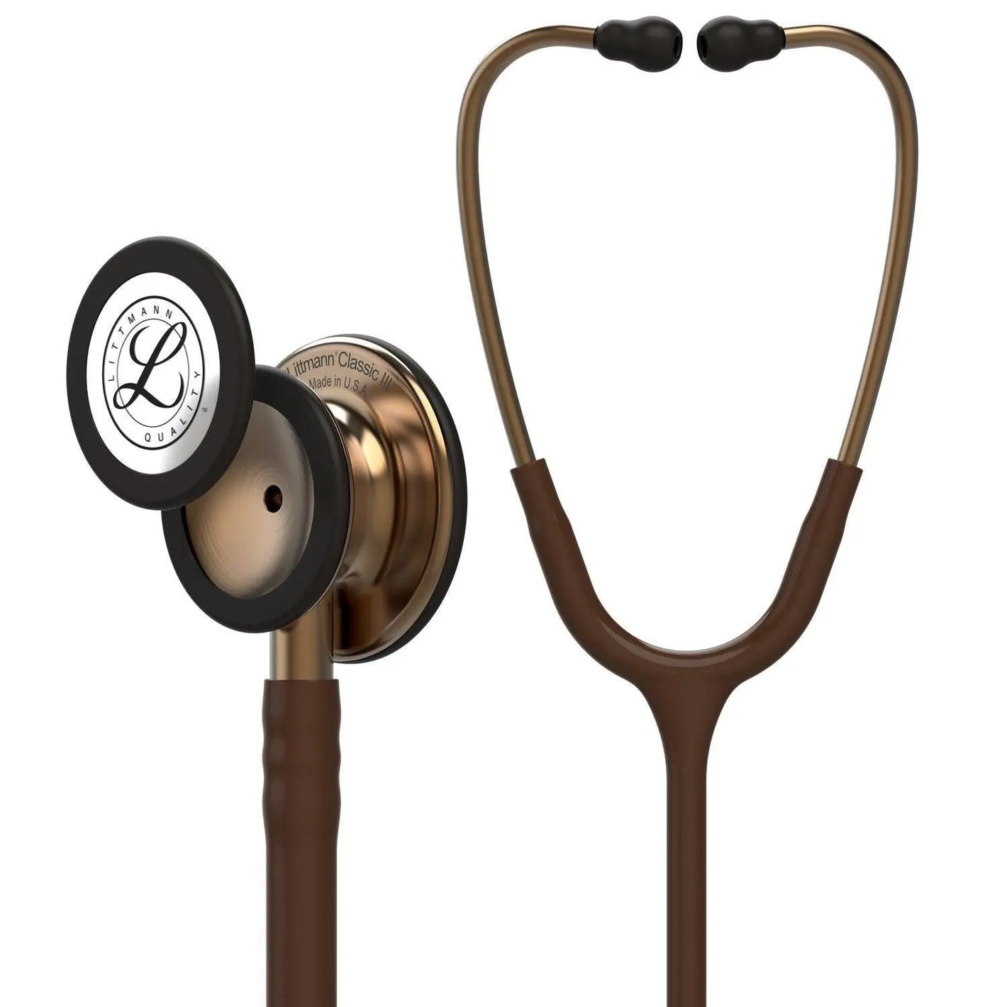 Littmann Classic III monitoring stethoscope with chocolate and copper tubing, showing dual chest pieces and flexible tubing.