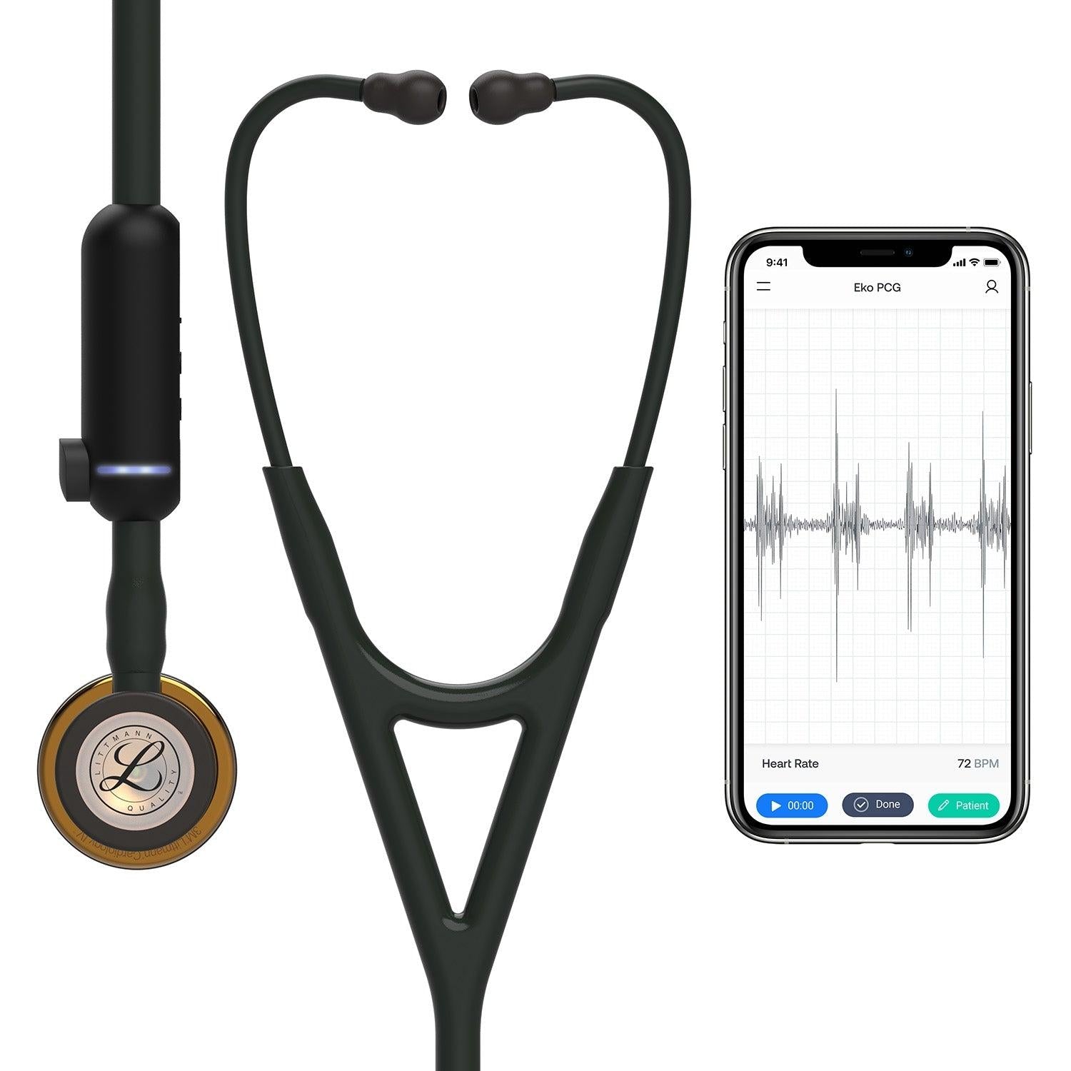 Littmann CORE Digital Stethoscope 8863 with high polish copper chest piece and soft ear tips, black tubing, and digital display.