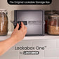 Lockabox One™ Jet plastic lockable storage box with transparent sides and secure locking mechanism on a white background