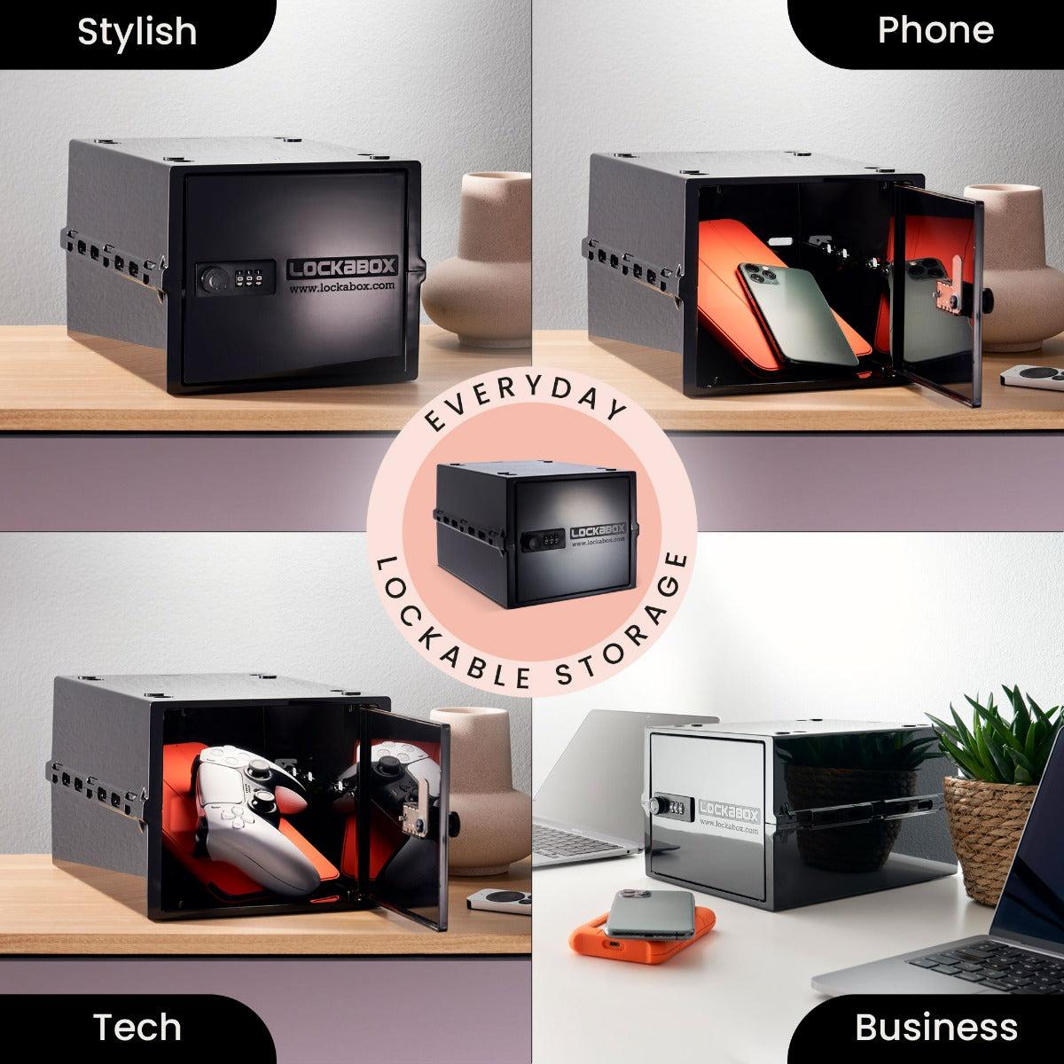 Lockabox One™ Jet plastic lockable storage box with lid, compact and secure for personal or travel use.