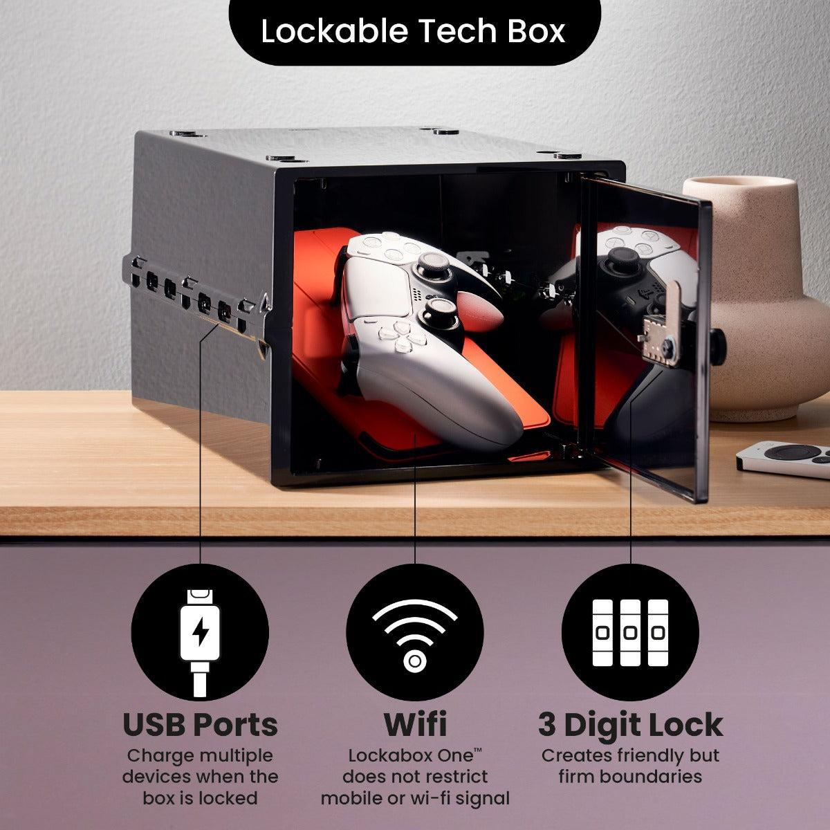 Lockabox One™ Jet, compact transparent lockable storage box with rounded corners and secure lid for safe personal storage.