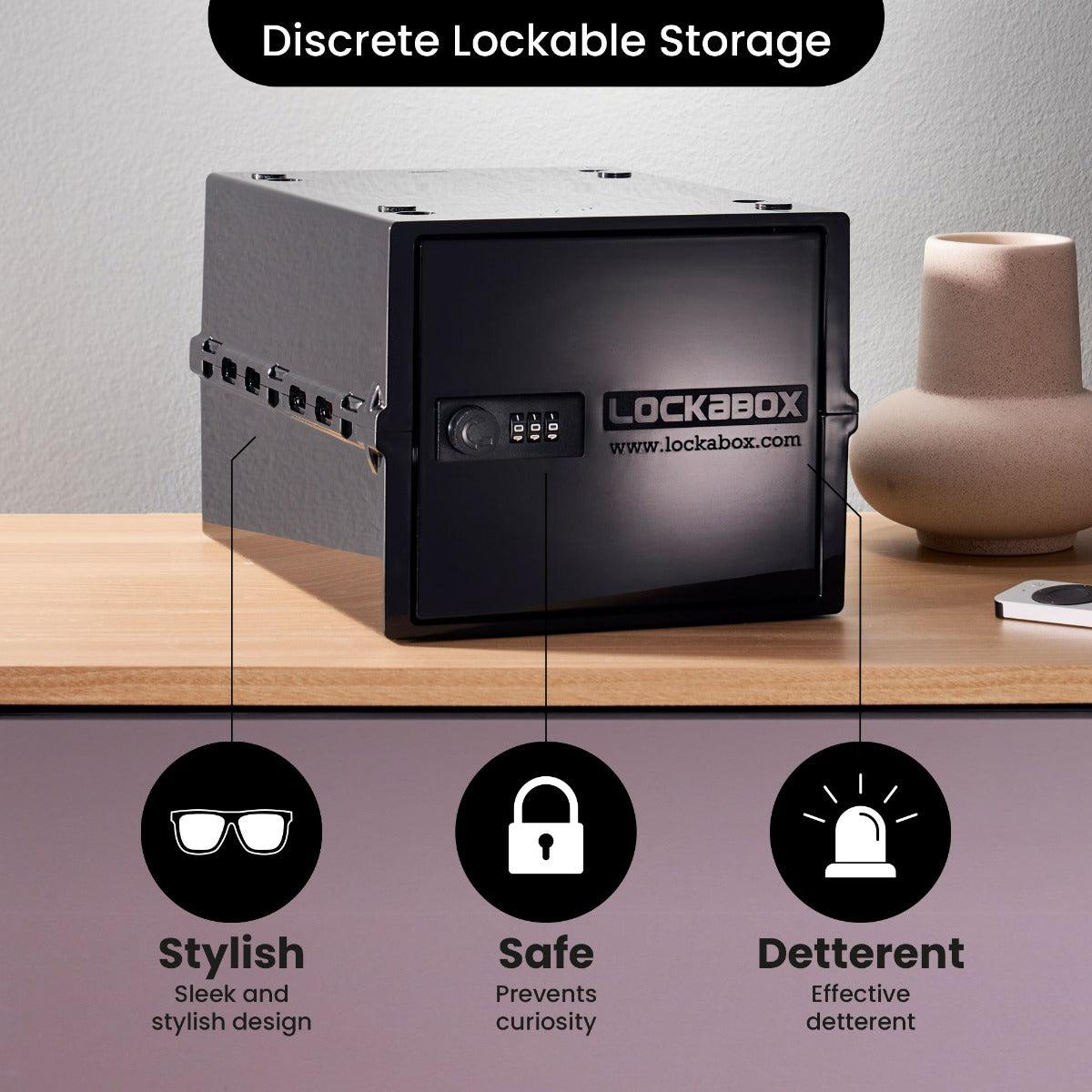 Lockabox One™ Jet plastic lockable storage box with transparent design and secure locking mechanism, ideal for personal storage.