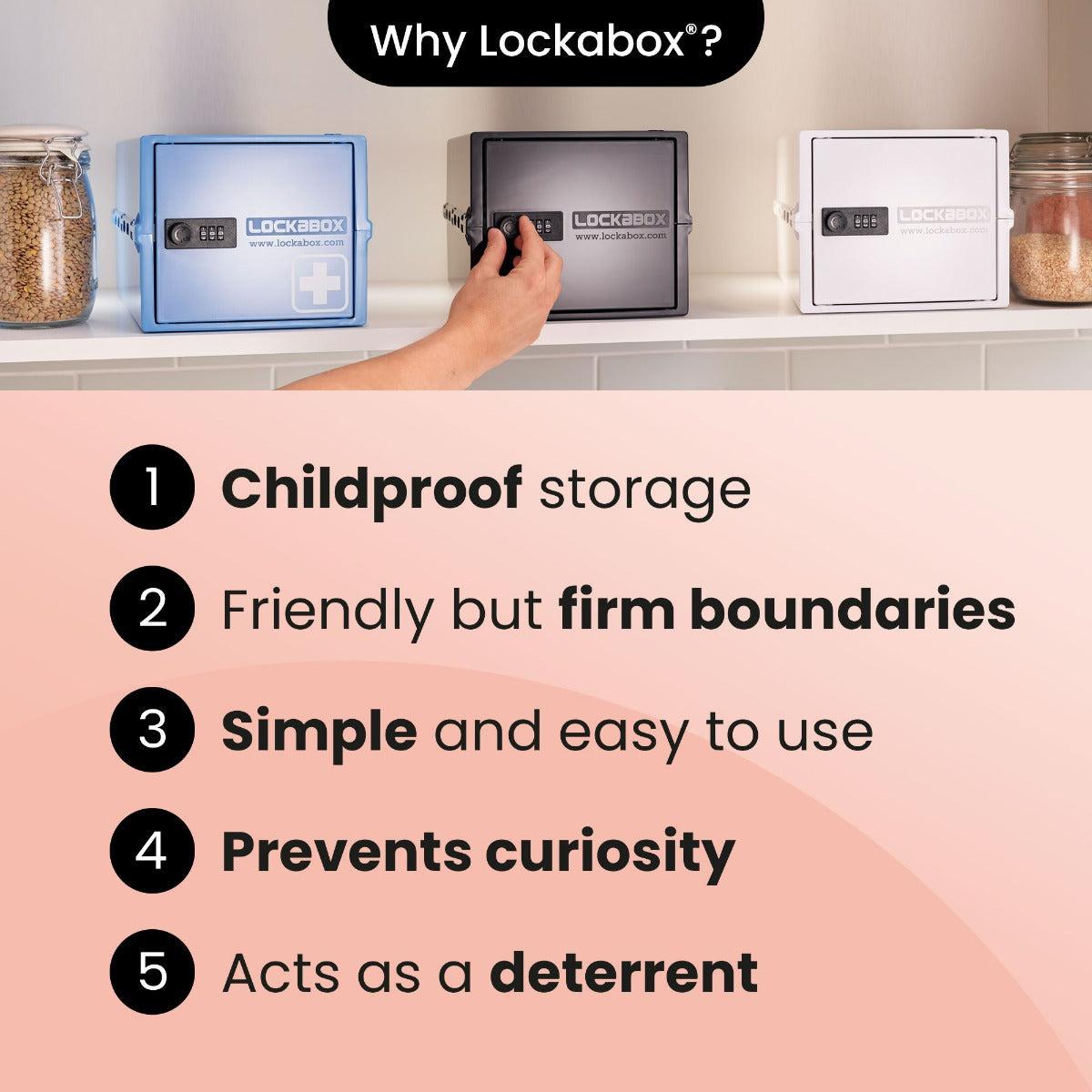 Lockabox One™ Jet compact plastic lockable storage box with transparent lid and built-in lock for secure organization
