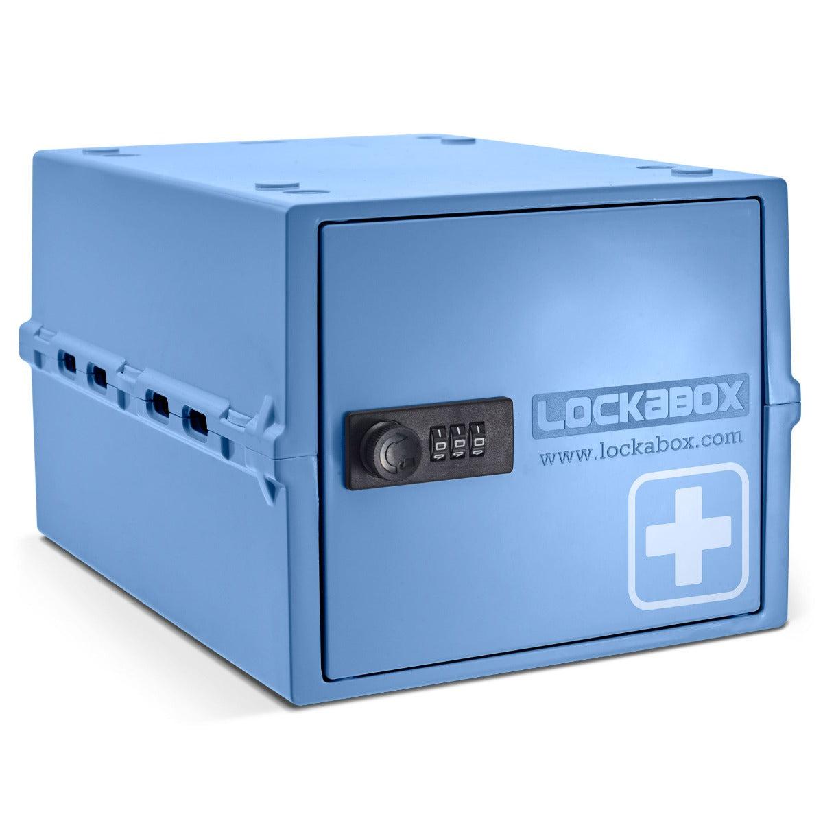 Lockabox One™ Medi Blue plastic lockable storage box for secure organization and medication storage.