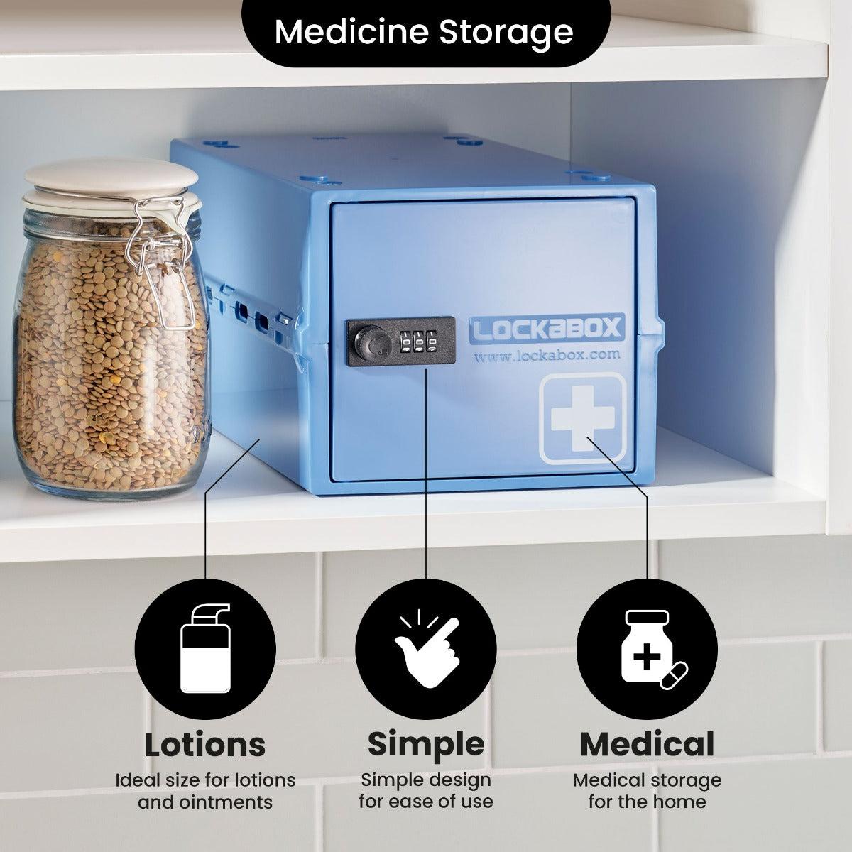 Lockabox One™ Medi Blue plastic lockable storage box with transparent lid and blue body, designed for secure organization.