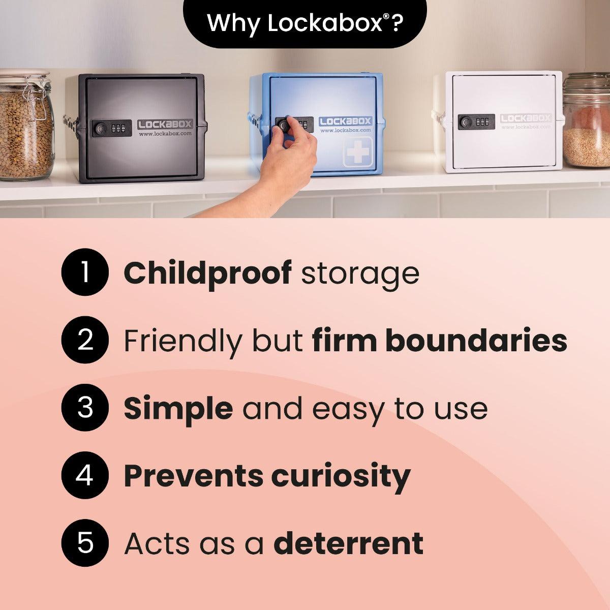 Lockabox One™ Medi Blue plastic lockable storage box with transparent lid and blue body, designed for secure organization.