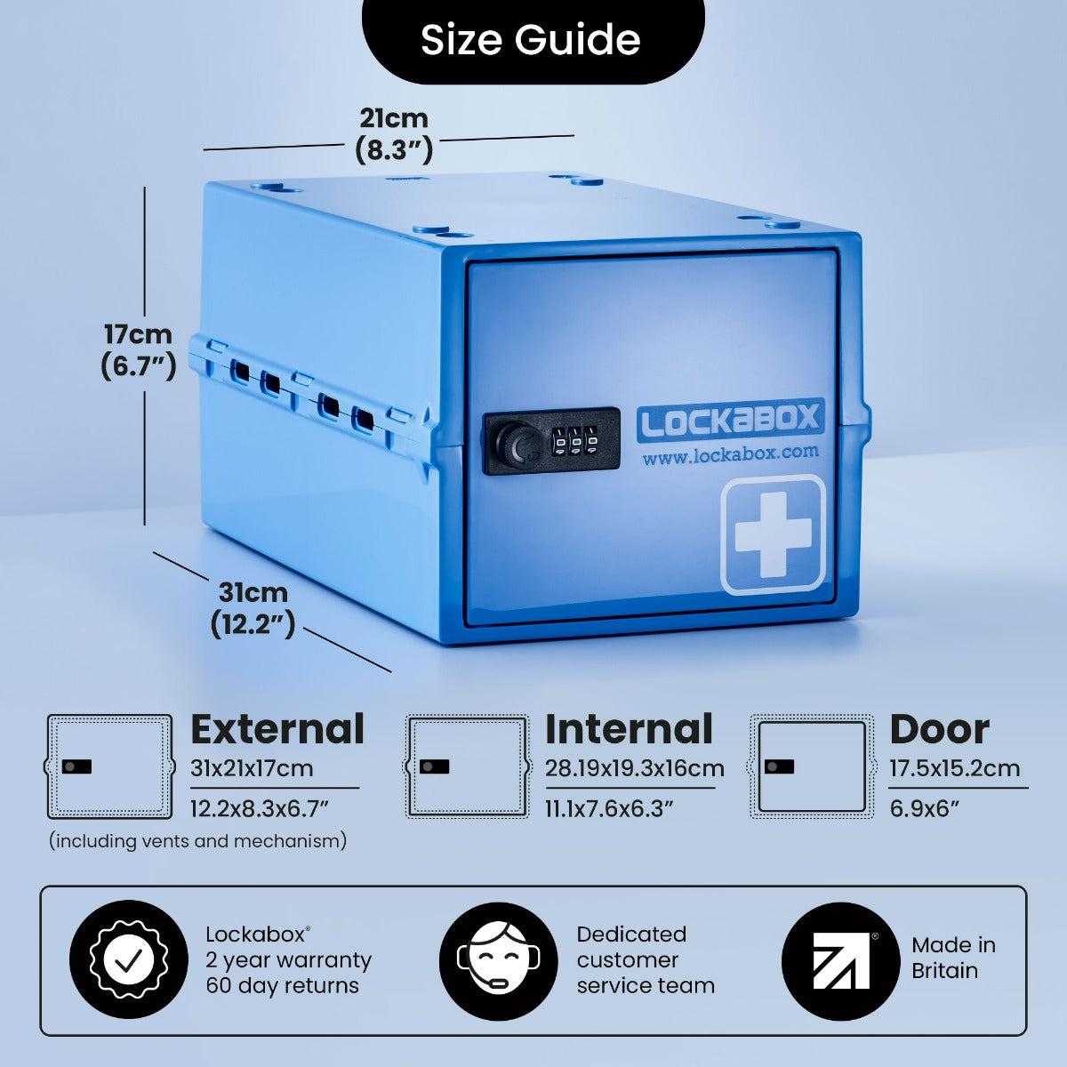 Lockabox One™ Medi Blue portable lockable storage box with transparent sides and a secure locking mechanism.