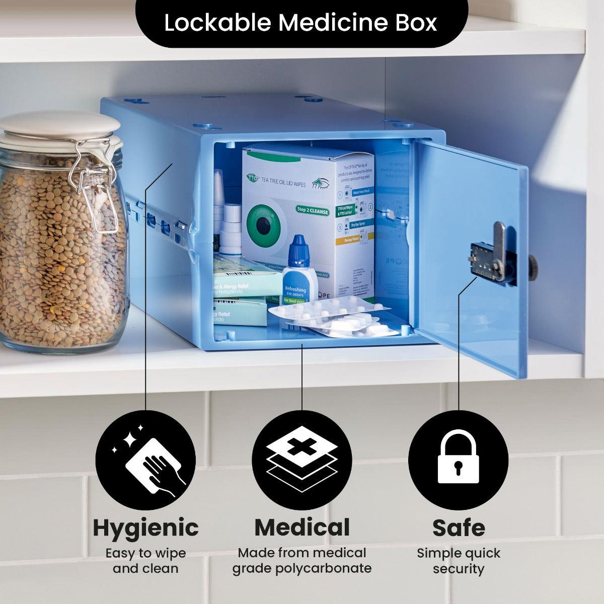 Lockabox One™ Medi Blue plastic lockable storage box with transparent lid and blue body, designed for secure organization.