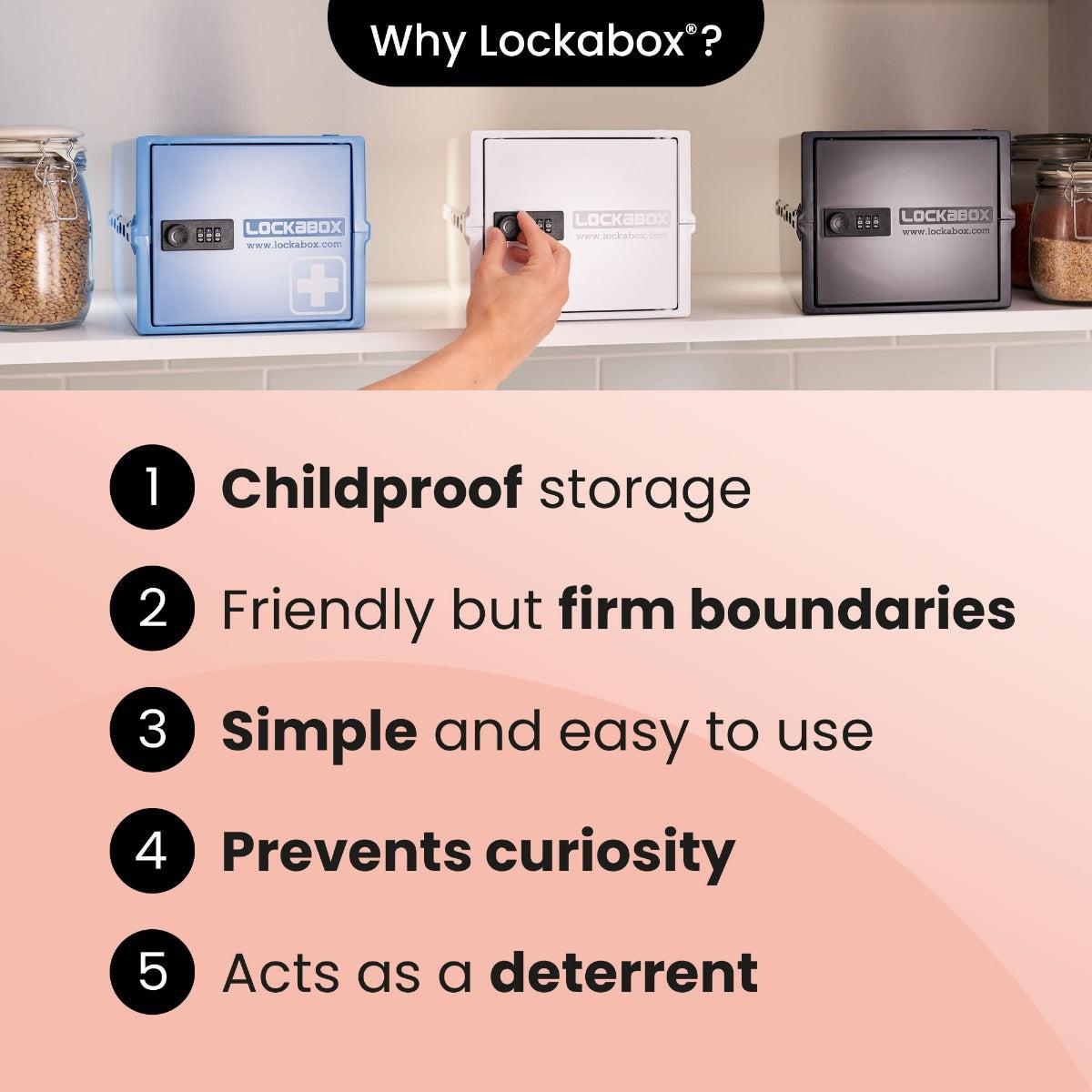 Lockabox One in Opal White, a compact plastic lockable storage box with a clear lid and secure locking mechanism.