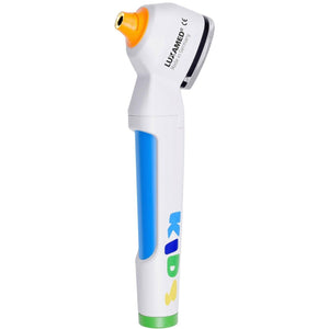 Luxamed LED otoscope head for kids, designed for 2.5V LuxaScope handle, featuring a small lens and bright illumination for ear exams.