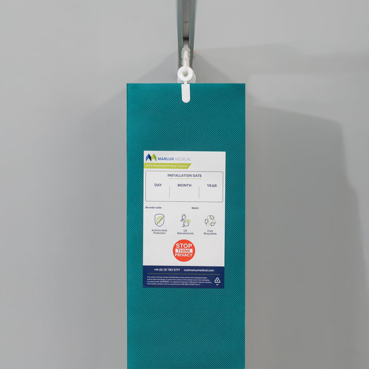 Marlux™ 4.2M universal anti-bac forest green curtain hanging, single panel, antimicrobial fabric, for hygiene and privacy.
