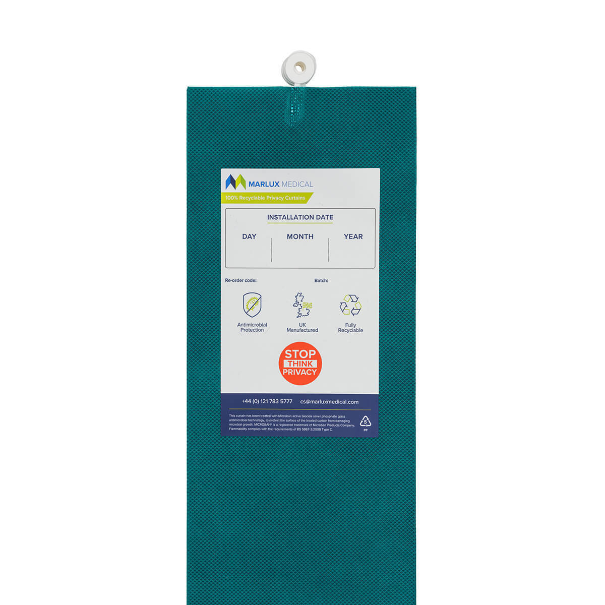 Marlux™ 4.2M forest green universal anti-bacterial curtain hanging open, showcasing fabric texture and length for medical or industrial use