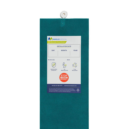 Marlux™ 4.2M forest green universal anti-bacterial curtain hanging open, showcasing fabric texture and length for medical or industrial use