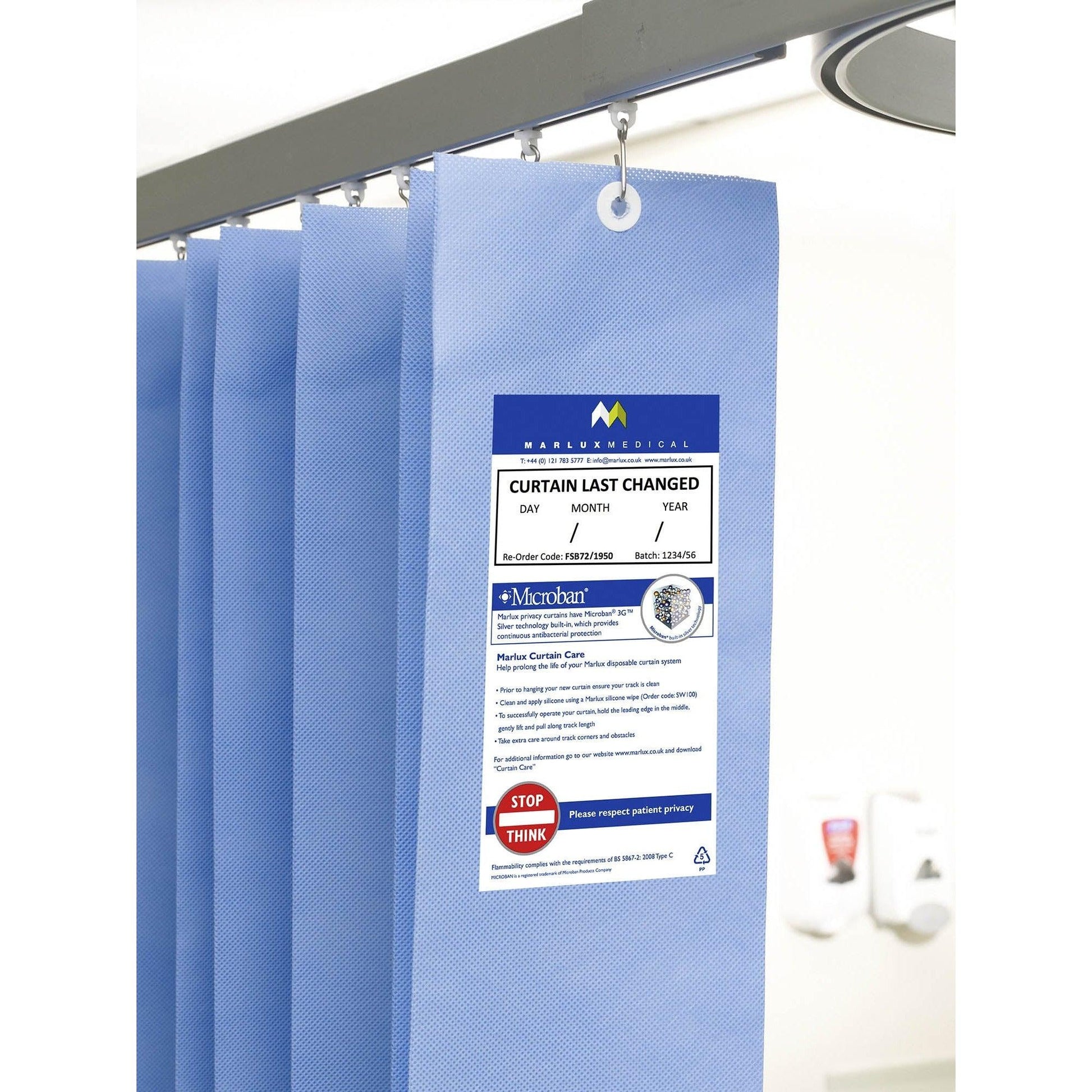Marlux™ 1.8M x 1.95M universal anti-bac curtains hanging in a doorway, made of lightweight fabric with antimicrobial properties.