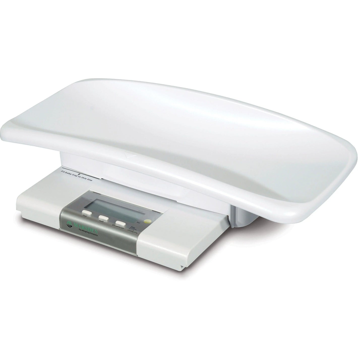 Digital baby and toddler scale with contoured tray and LCD display, white medical device