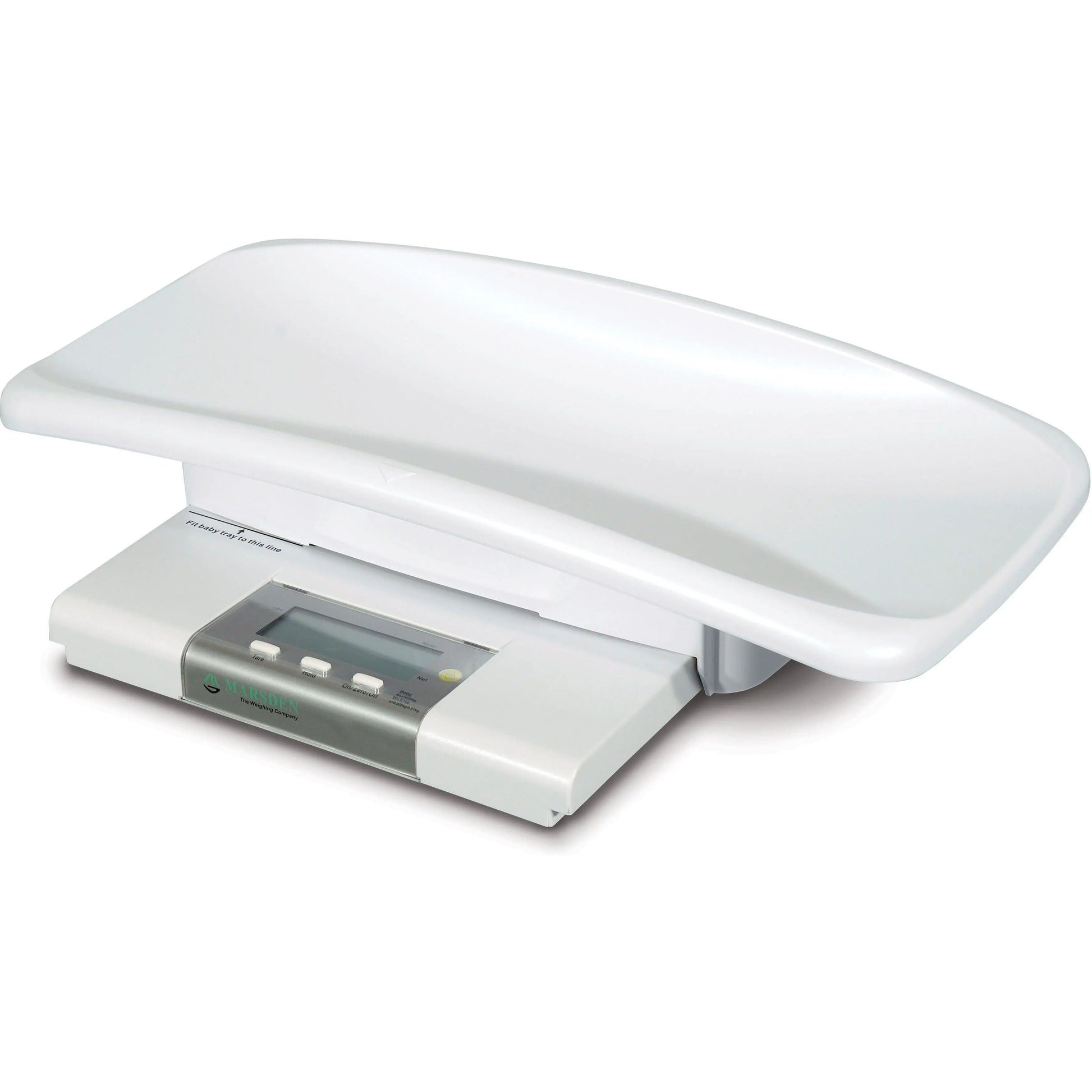 Digital baby and toddler scale with contoured tray and LCD display, white medical device