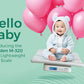 Smiling baby in blue onesie on digital baby scale with pink balloons, Marsden M-320 ultra lightweight baby scale promotion.