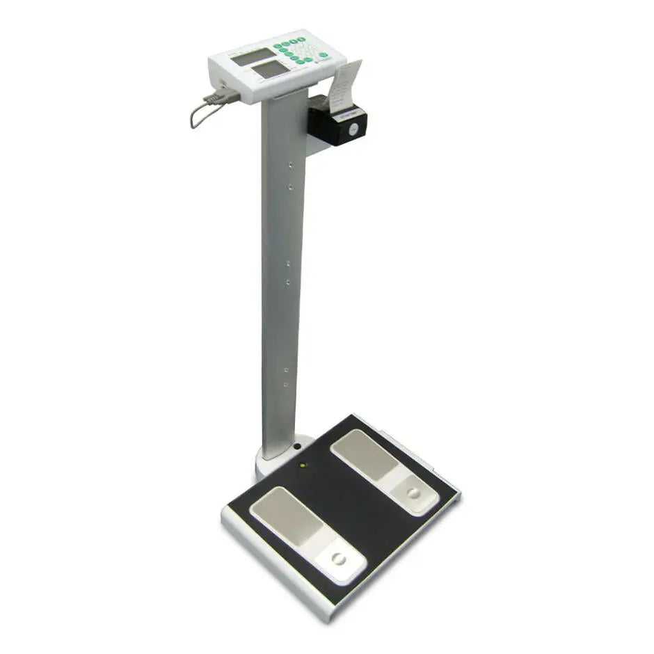 Body composition scale with digital display and foot sensors on white background