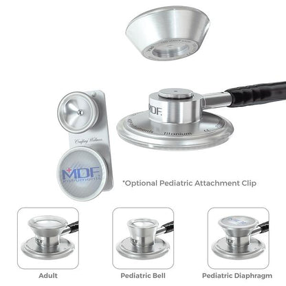 Pediatric attachment with clip for MDF Instruments MD One® Epoch® titanium stethoscope, shown attached for pediatric auscultation.