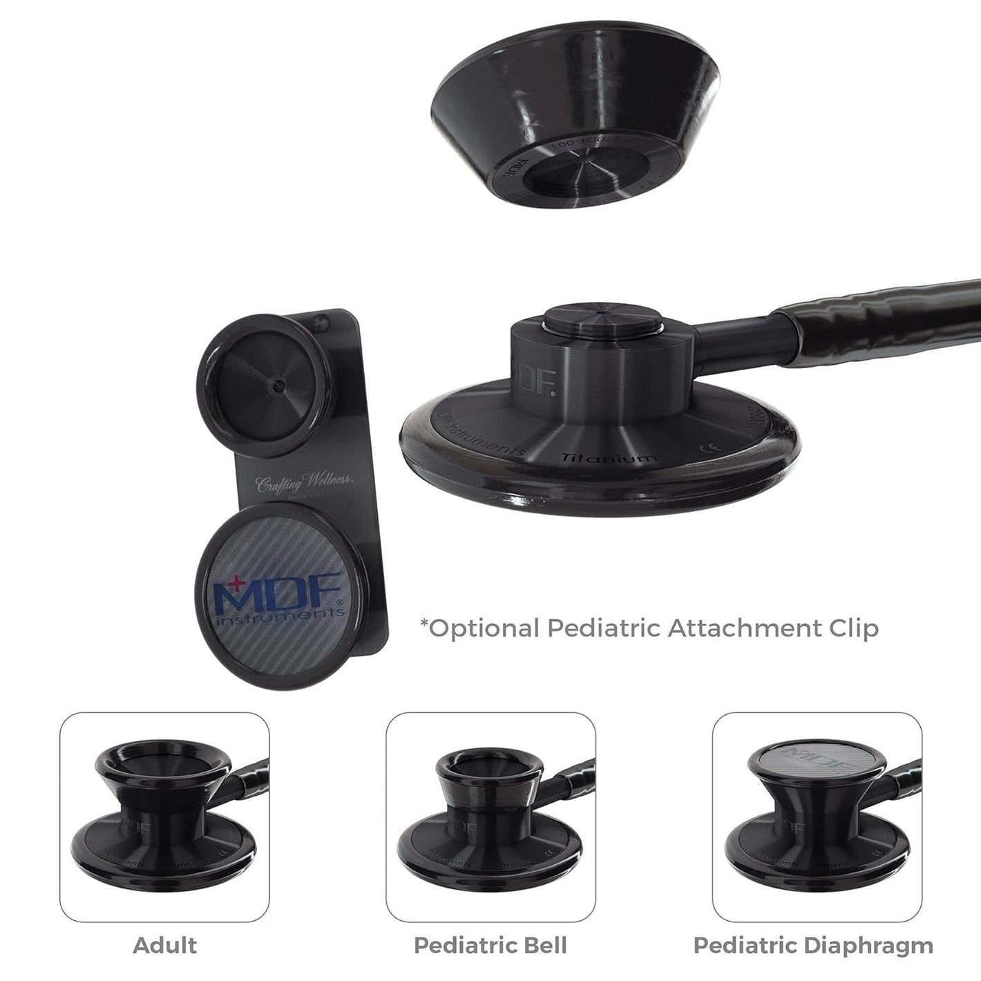 MDF Instruments pediatric blackout attachment with clip for MD One Epoch Titanium stethoscope, designed for secure fit and durability.