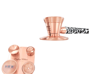 MDF Instruments ProCardial pediatric and neonatal attachments with clip for titanium stethoscope, rose gold color, shown in motion.