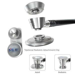 Pediatric and neonatal attachments with clip for ProCardial Titanium stethoscope in rose gold by MDF Instruments.
