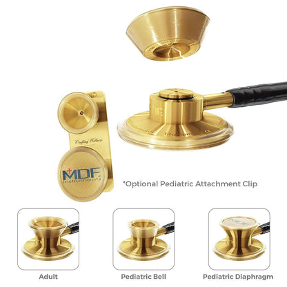Gold pediatric attachment with clip for MD One Epoch titanium stethoscope by MDF Instruments, designed for accurate pediatric auscultation.