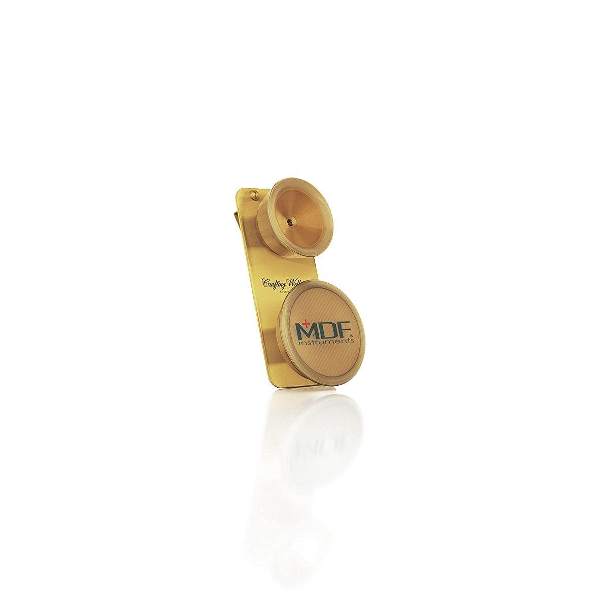Pediatric attachment with clip in gold for MD One Epoch Titanium stethoscope, shown attached to the stethoscope in the image.