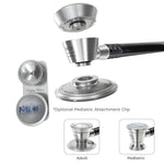 MDF Instruments pediatric attachment with clip for ProCardial titanium stethoscope, shown with clip and attachment details.