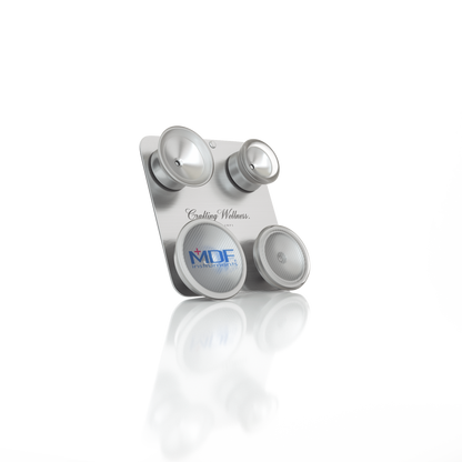 MDF Instruments pediatric and neonatal attachments with clip for ProCardial titanium stethoscope, showing clip and attachment details.
